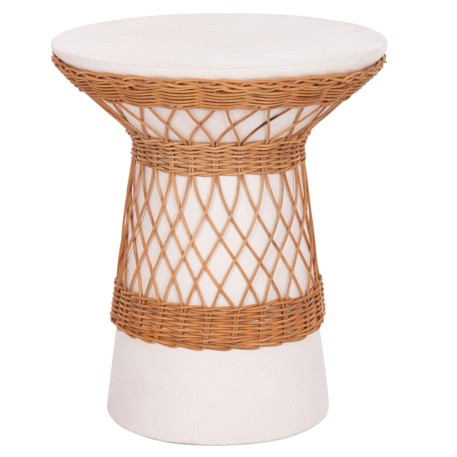 boithitiko-trapezi-stroggylo-fb91816702- ΒΟΗΘΗΤΙΚΟ ΤΡΑΠΕΖΙ ΣΤΡΟΓΓΥΛΟ DELIA HM18167.02 FIBER CEMENT ΛΕΥΚΟ & RATTAN Φ40x45Υεκ - Image 1