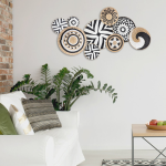 Boho Διακοσμητικό Τοίχου με Ψάθινους & Μεταλλικούς Κύκλους σε Μαύρο, Λευκό και Φυσικό Ξύλο 107,3 εκ.