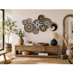 Boho Διακοσμητικό Τοίχου με Ψάθινους & Μεταλλικούς Κύκλους σε Μαύρο, Λευκό και Φυσικό Ξύλο 107,3 εκ. - Image 2