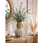 Διακοσμητικό Βάζο Rattan "Στάμνα" σε Φυσικό Καφέ & Λευκό με Πλέξη Δίχτυ και Κρίκους 29 εκ.