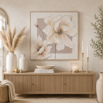 Πίνακας Canvas 3D με Ανάγλυφα Λουλούδια σε Λευκό & Μπεζ με Κορνίζα 80×80 εκ.